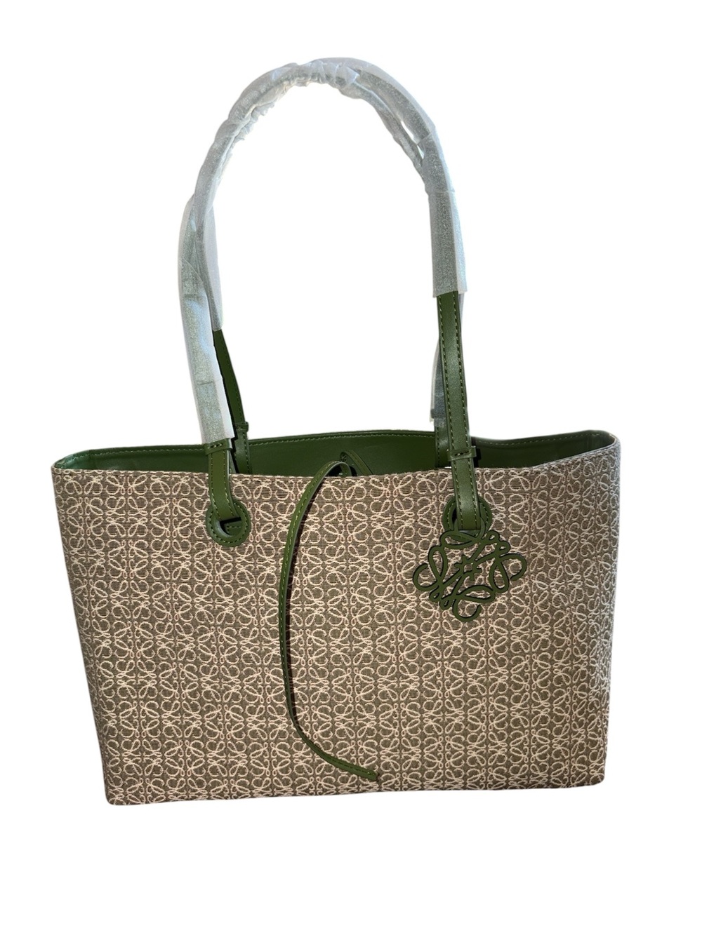 Beige & Green Patterned Tote Bag with Green Trim